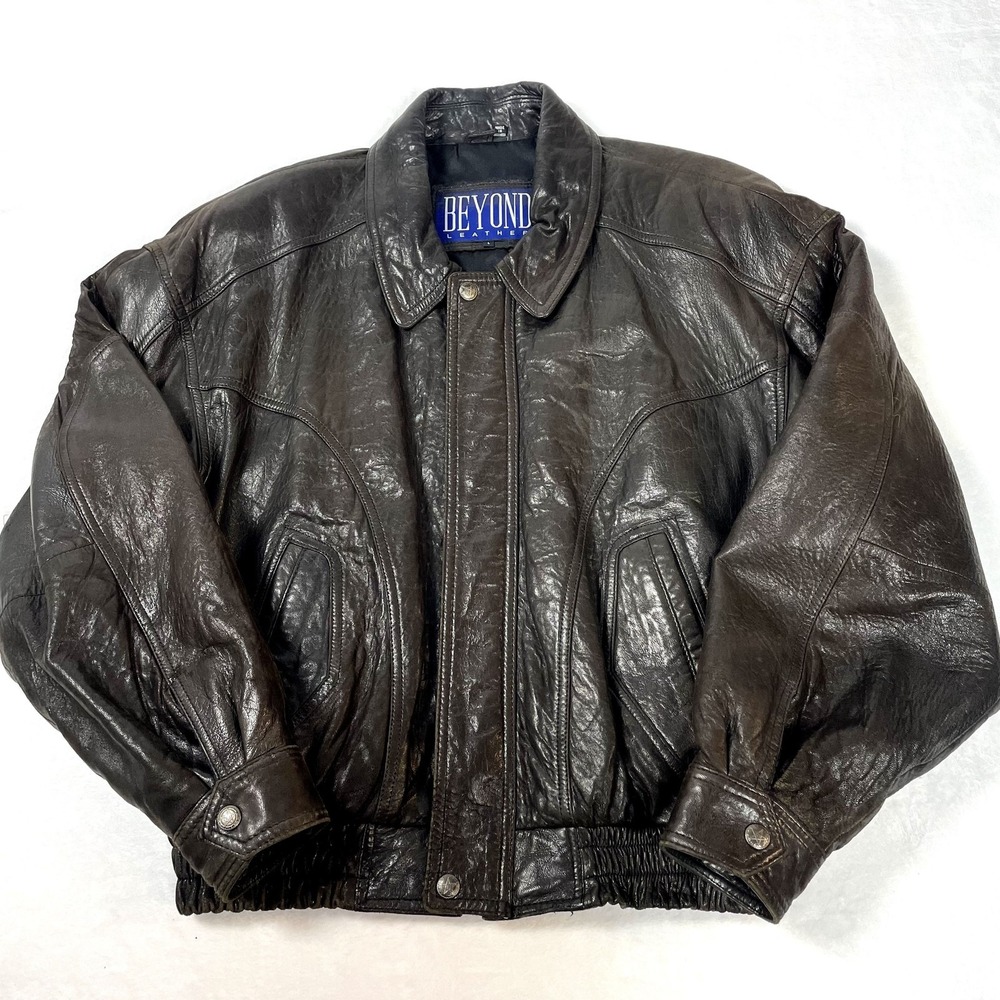 VTG 90s Beyond Leather 100% Genuine Leather Dark Brown Bomber Jacket L Unisex